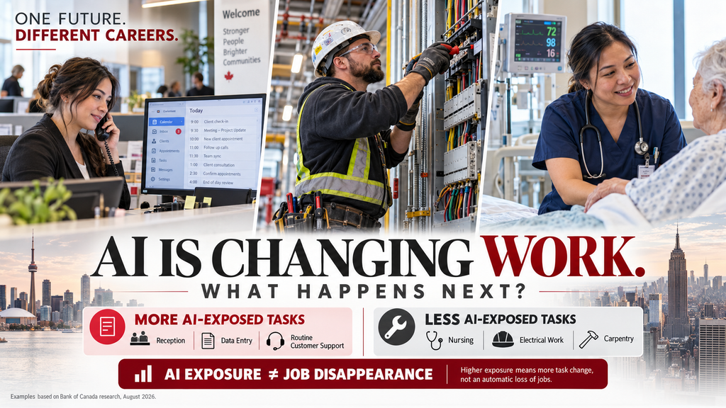 Receptionist, electrician and nurse illustrate how artificial intelligence may change jobs in Canada and the U.S. by 2030.