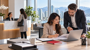 Office coordinator organizing administrative work while a receptionist assists a visitor in a modern Vancouver office.