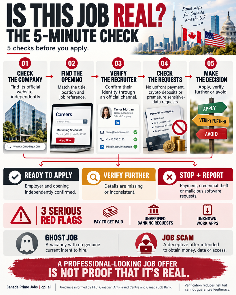 Five-minute infographic showing how to identify fake job postings, verify employers and recruiters, and avoid employment scams.