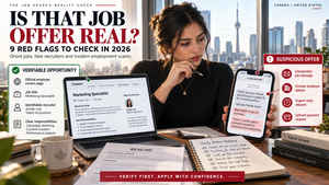 Job seeker comparing a verified careers page and a suspicious recruiter message to identify fake job postings in Canada and the U.S.