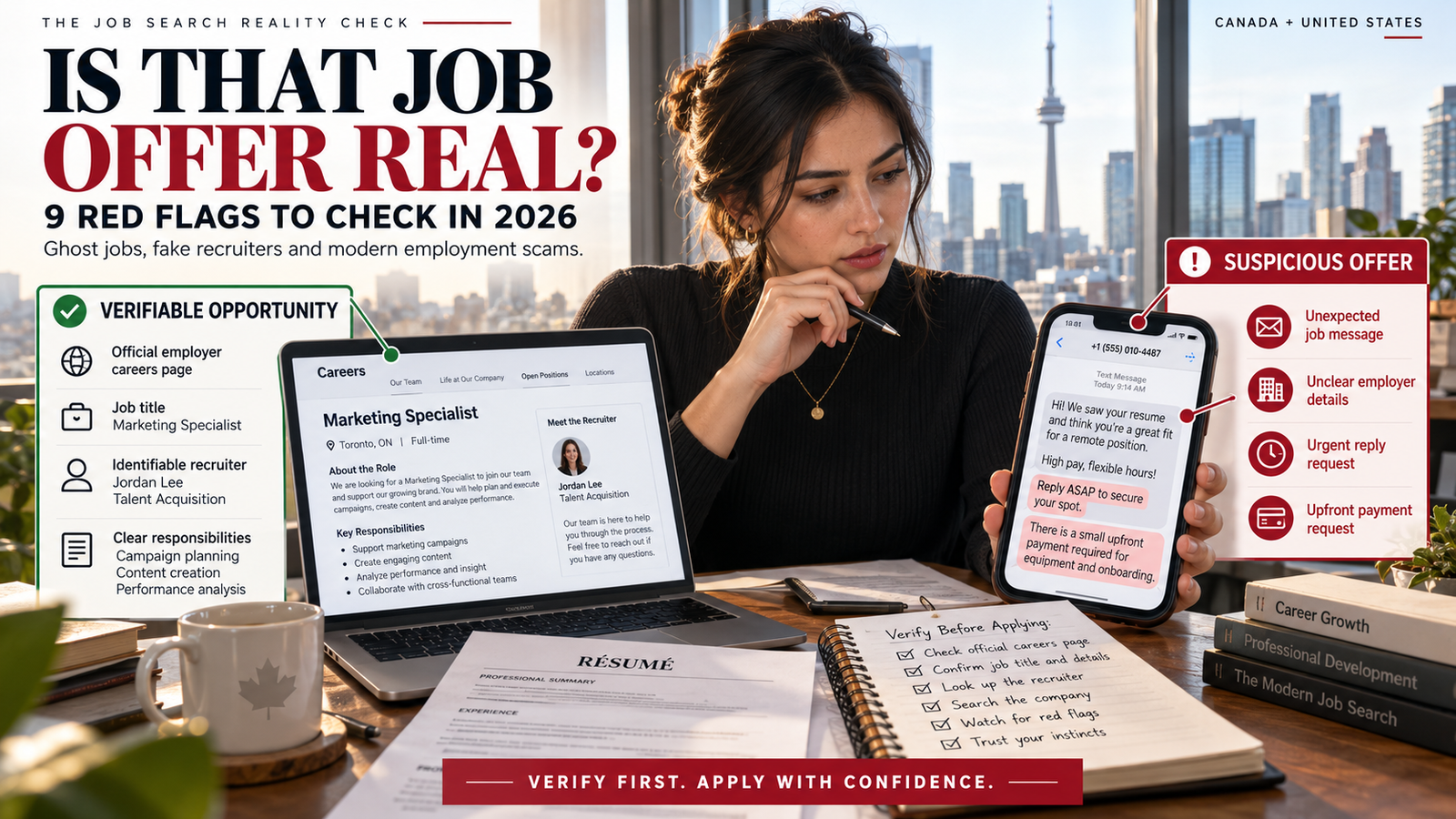 Job seeker comparing a verified careers page and a suspicious recruiter message to identify fake job postings in Canada and the U.S.