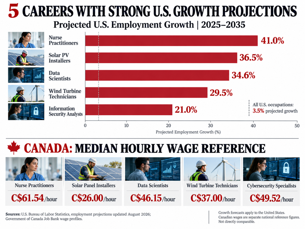 Will AI replace my job by 2030? Infographic comparing five fast-growing U.S. careers and Canadian hourly wage references.